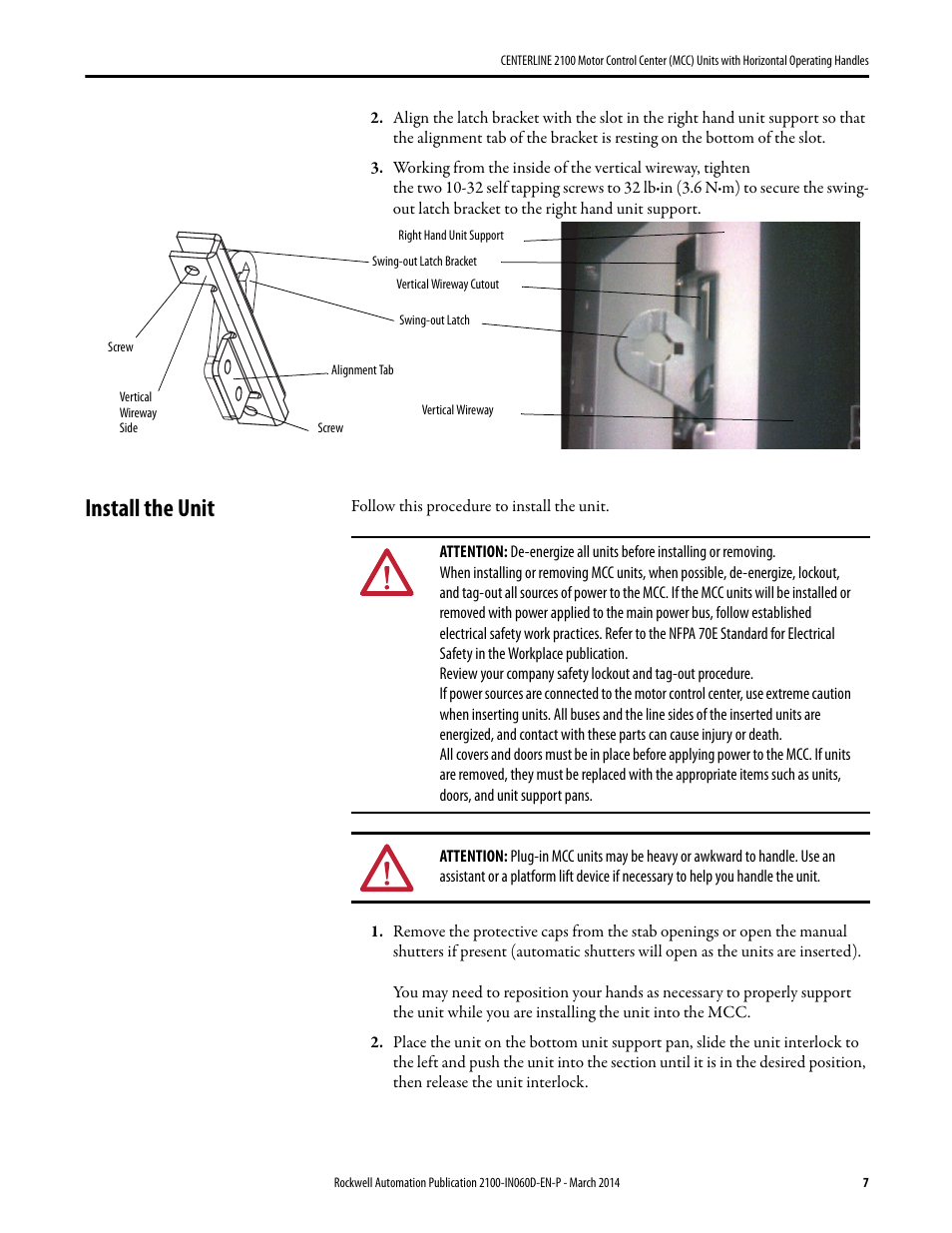 Install the unit | Rockwell Automation 2100 CENTERLINE Motor Control Center (MCC) Units with Horizontal Operating Handl User Manual | Page 7 / 12