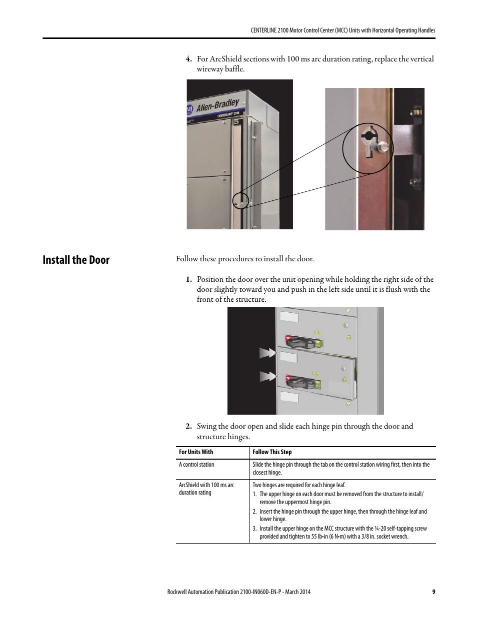 Install the door | Rockwell Automation 2100 CENTERLINE Motor Control Center (MCC) Units with Horizontal Operating Handl User Manual | Page 9 / 12