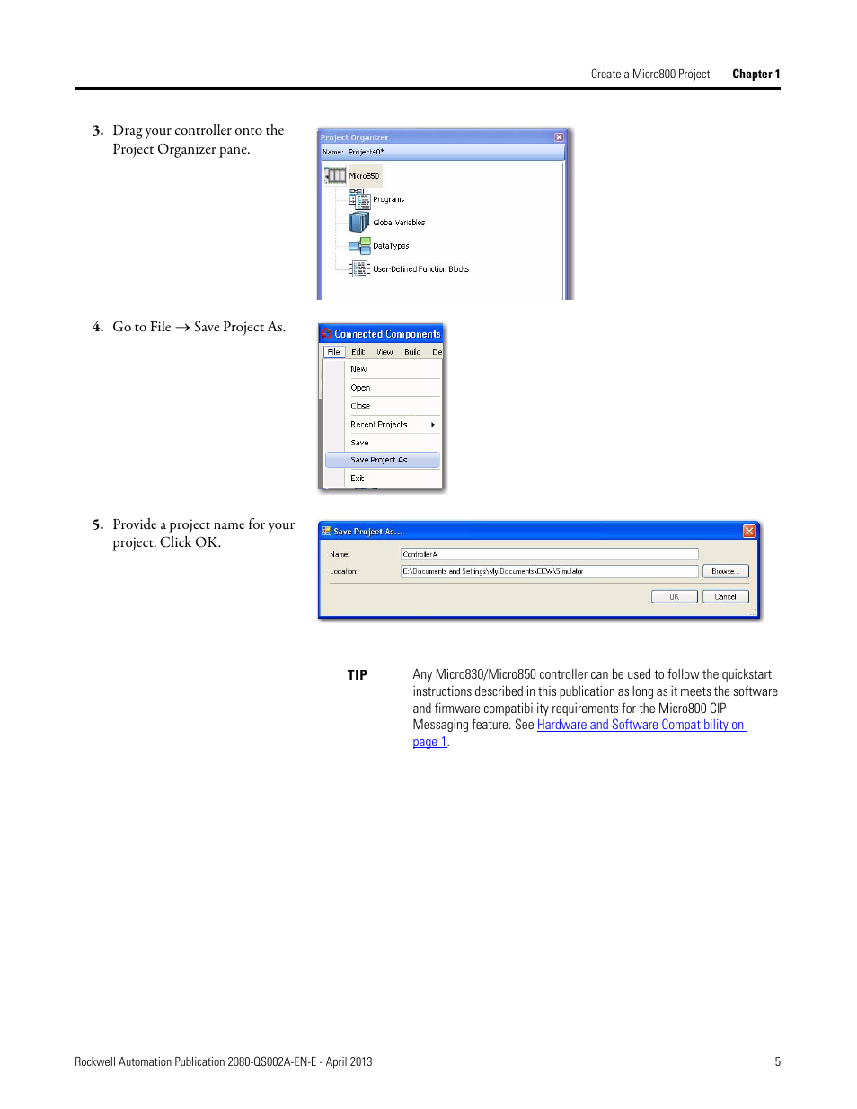Go to file ® save project as, Provide a project name for your project. click ok | Rockwell Automation 2080-LC50 Micro800 Controllers: Getting Started with CIP Client Messaging User Manual | Page 11 / 62