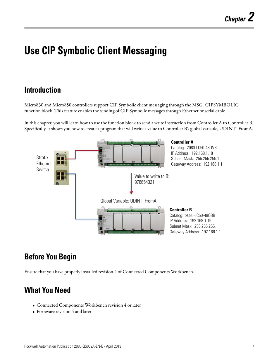 2 - use cip symbolic client messaging, Use cip symbolic client messaging, Introduction | Before you begin, What you need | Rockwell Automation 2080-LC50 Micro800 Controllers: Getting Started with CIP Client Messaging User Manual | Page 13 / 62