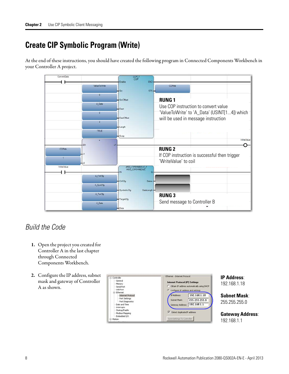 Create cip symbolic program (write), Build the code | Rockwell Automation 2080-LC50 Micro800 Controllers: Getting Started with CIP Client Messaging User Manual | Page 14 / 62