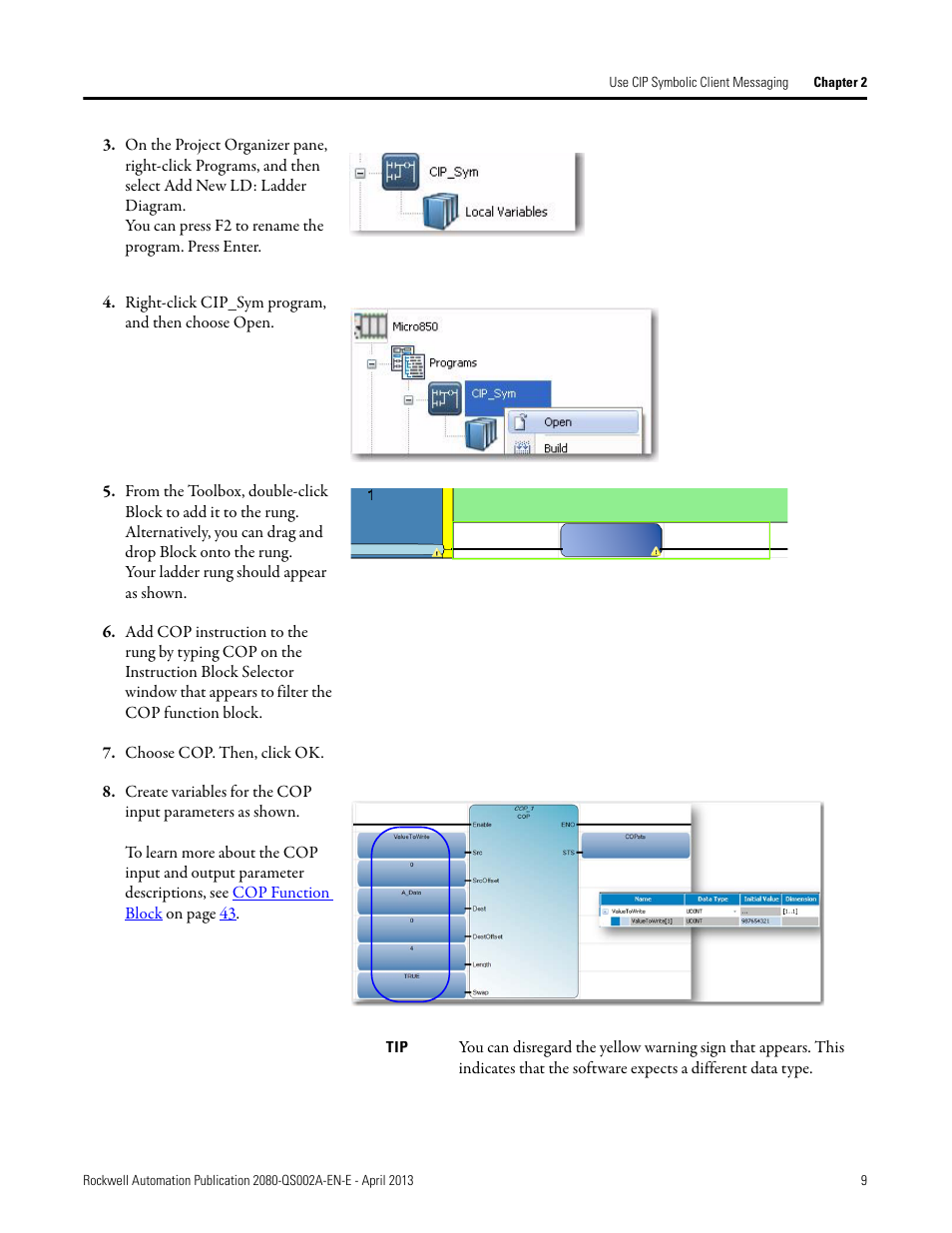 Right-click cip_sym program, and then choose open, Choose cop. then, click ok | Rockwell Automation 2080-LC50 Micro800 Controllers: Getting Started with CIP Client Messaging User Manual | Page 15 / 62