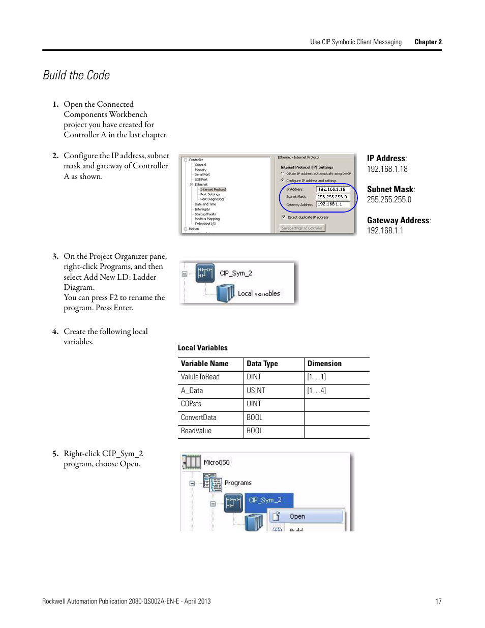 Build the code, Create the following local variables, Right-click cip_sym_2 program, choose open | Rockwell Automation 2080-LC50 Micro800 Controllers: Getting Started with CIP Client Messaging User Manual | Page 23 / 62