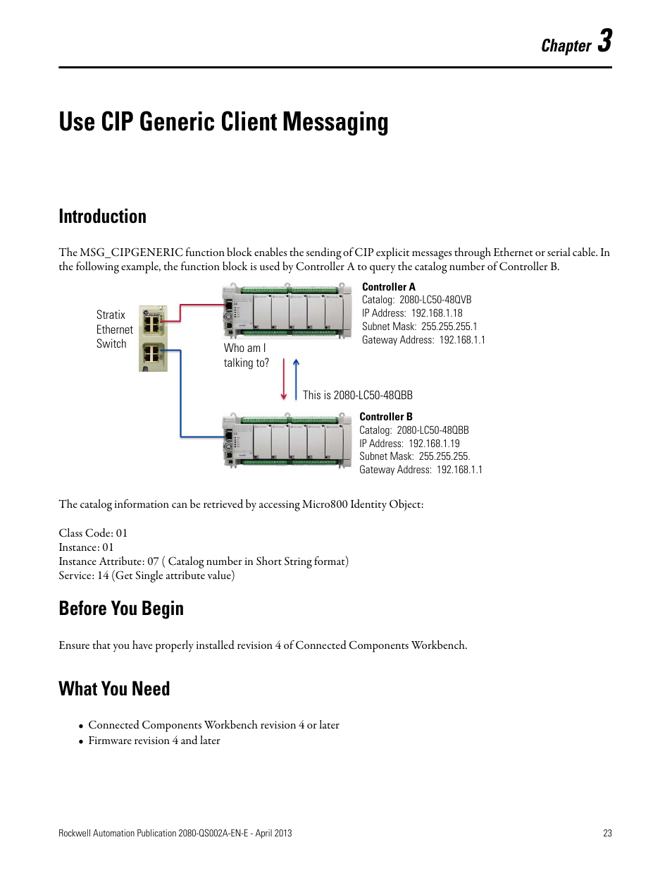 3 - use cip generic client messaging, Use cip generic client messaging, Introduction | Before you begin, What you need | Rockwell Automation 2080-LC50 Micro800 Controllers: Getting Started with CIP Client Messaging User Manual | Page 29 / 62