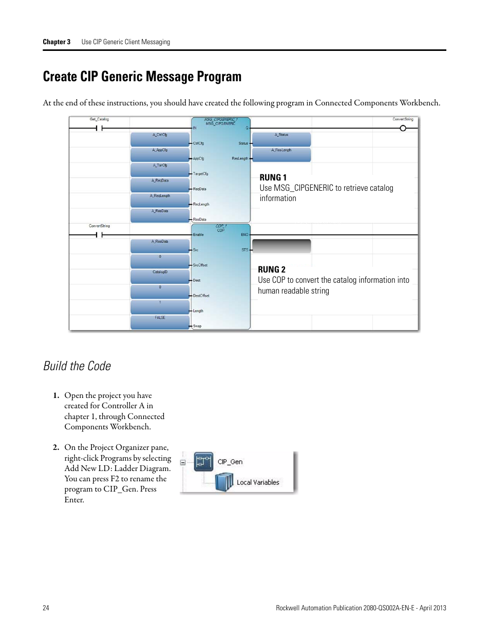 Create cip generic message program, Build the code | Rockwell Automation 2080-LC50 Micro800 Controllers: Getting Started with CIP Client Messaging User Manual | Page 30 / 62