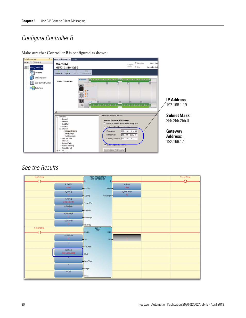 Configure controller b, See the results | Rockwell Automation 2080-LC50 Micro800 Controllers: Getting Started with CIP Client Messaging User Manual | Page 36 / 62
