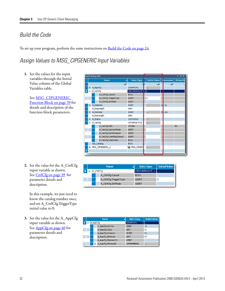 Build the code, Assign values to msg_cipgeneric input variables | Rockwell Automation 2080-LC50 Micro800 Controllers: Getting Started with CIP Client Messaging User Manual | Page 38 / 62