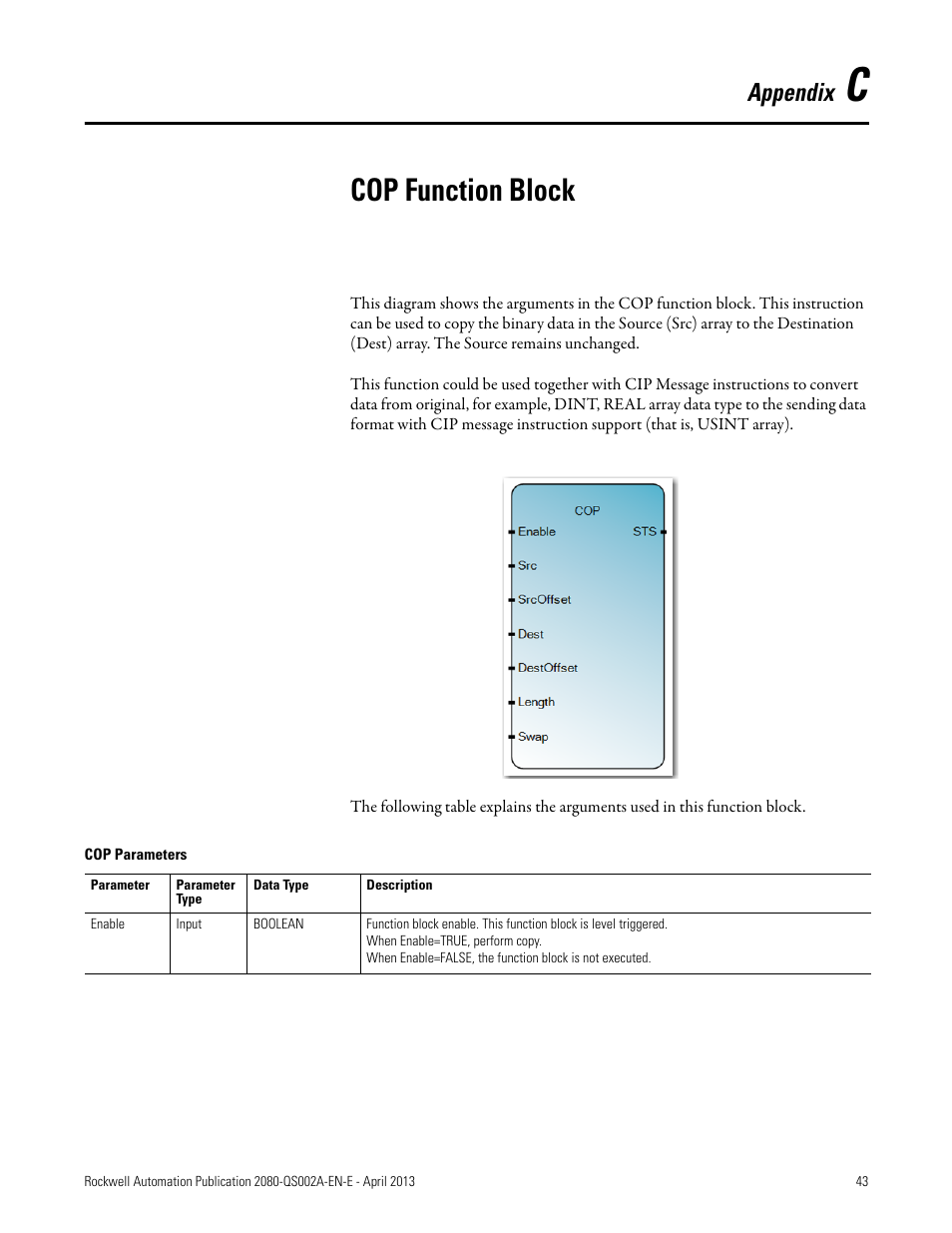 C - cop function block, Cop function, Block | Cop function block, Appendix | Rockwell Automation 2080-LC50 Micro800 Controllers: Getting Started with CIP Client Messaging User Manual | Page 49 / 62