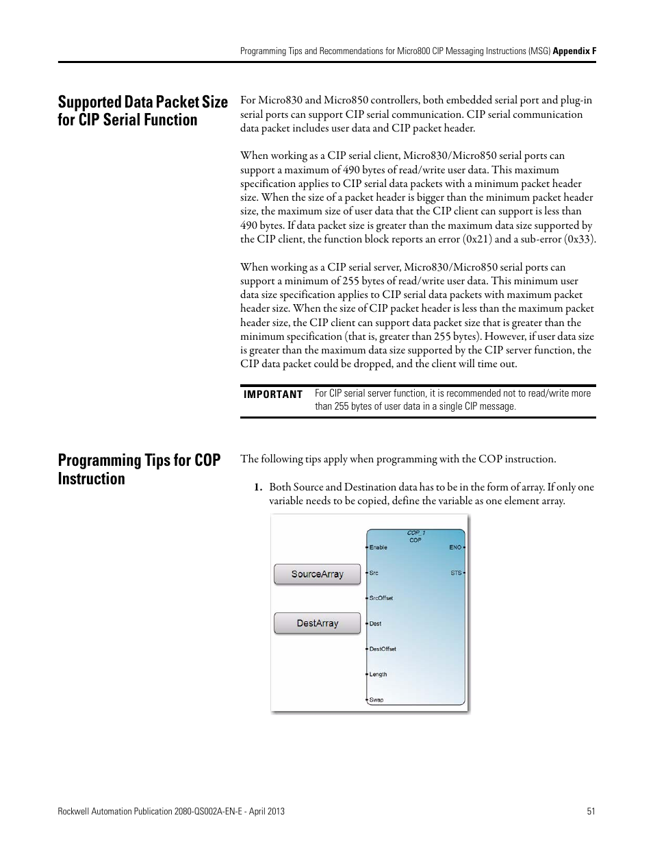 Programming tips for cop instruction, Supported data packet size for cip serial function | Rockwell Automation 2080-LC50 Micro800 Controllers: Getting Started with CIP Client Messaging User Manual | Page 57 / 62