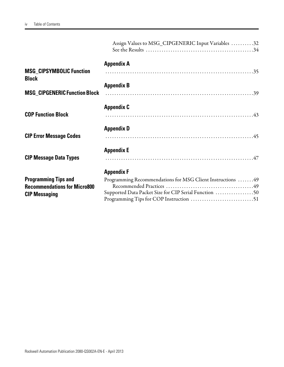 Appendix a, Msg_cipsymbolic function block, Appendix b | Msg_cipgeneric function block, Appendix c, Cop function block, Appendix d, Cip error message codes, Appendix e, Cip message data types | Rockwell Automation 2080-LC50 Micro800 Controllers: Getting Started with CIP Client Messaging User Manual | Page 6 / 62