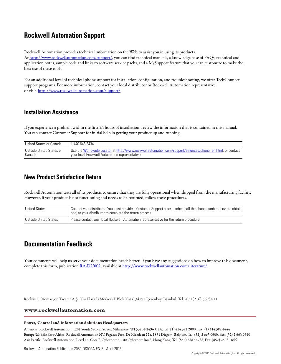 Back cover, Rockwell automation support, Documentation feedback | Installation assistance, New product satisfaction return | Rockwell Automation 2080-LC50 Micro800 Controllers: Getting Started with CIP Client Messaging User Manual | Page 62 / 62