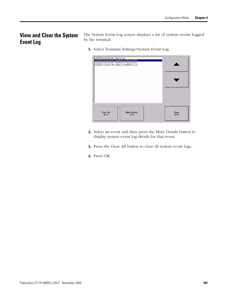 View and clear the system event log, Select terminal settings>system event log, Press ok | Rockwell Automation 2711P PanelView Plus Terminal User Manual User Manual | Page 101 / 246