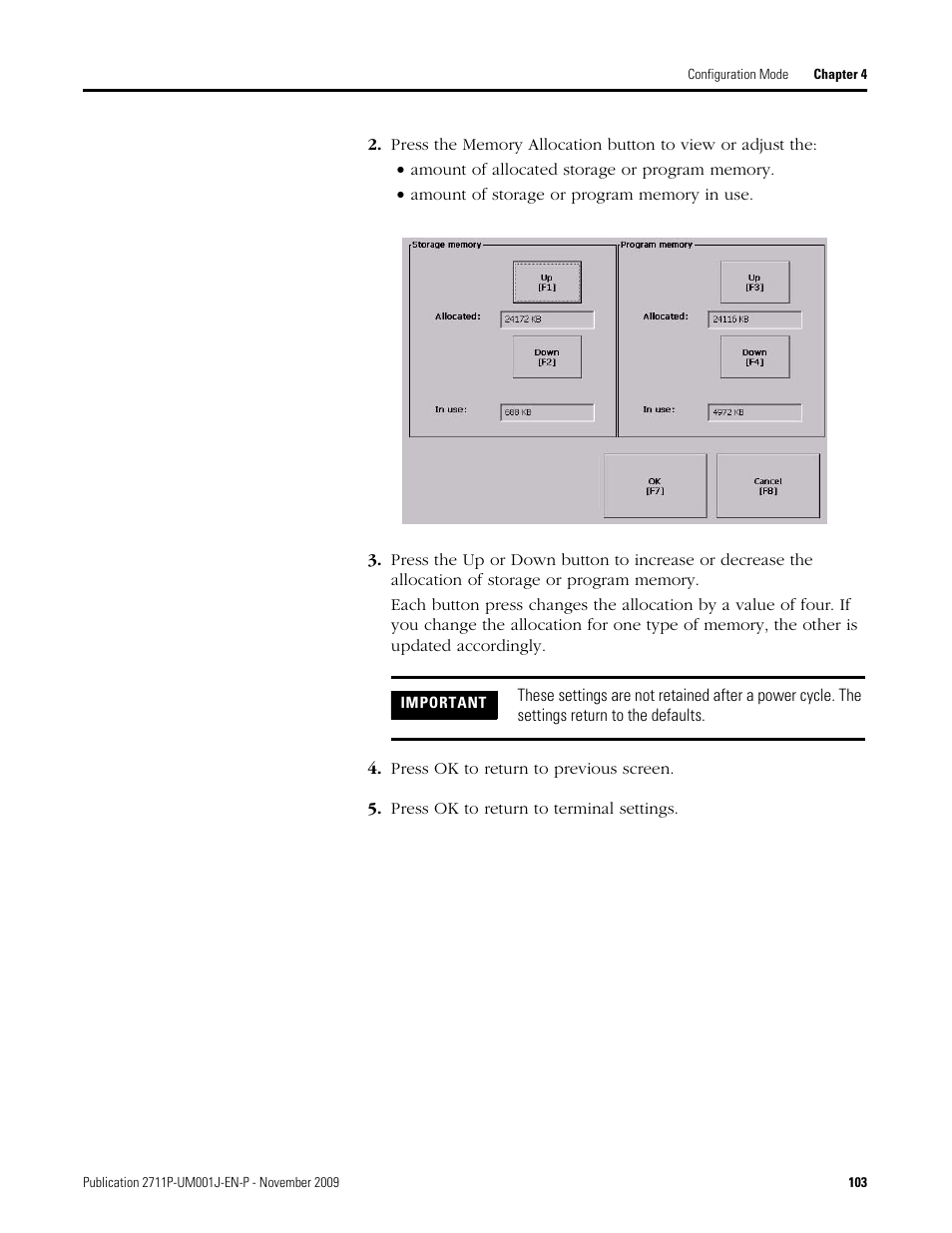 Press ok to return to previous screen, Press ok to return to terminal settings | Rockwell Automation 2711P PanelView Plus Terminal User Manual User Manual | Page 103 / 246