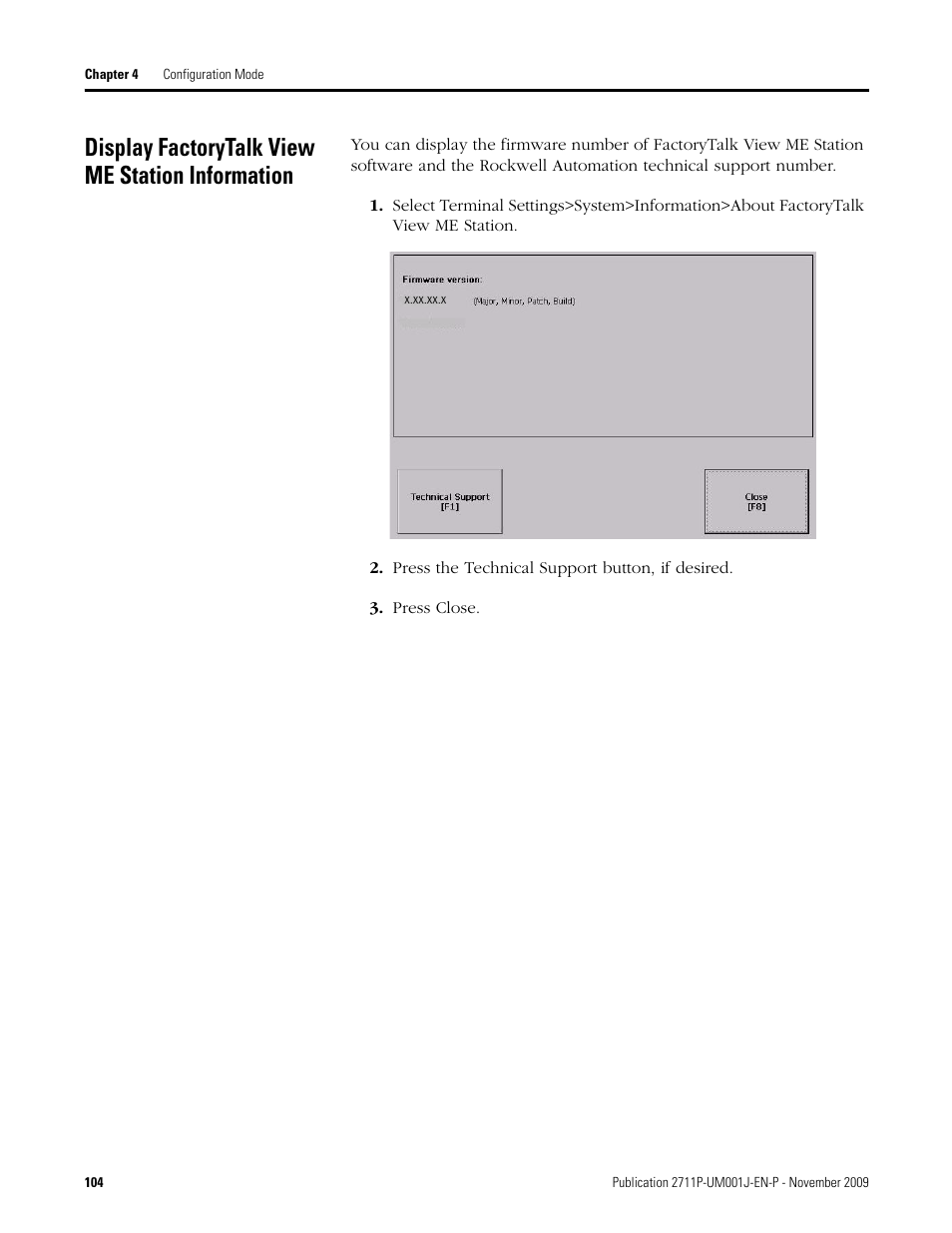 Display factorytalk view me station information, Press the technical support button, if desired, Press close | Rockwell Automation 2711P PanelView Plus Terminal User Manual User Manual | Page 104 / 246