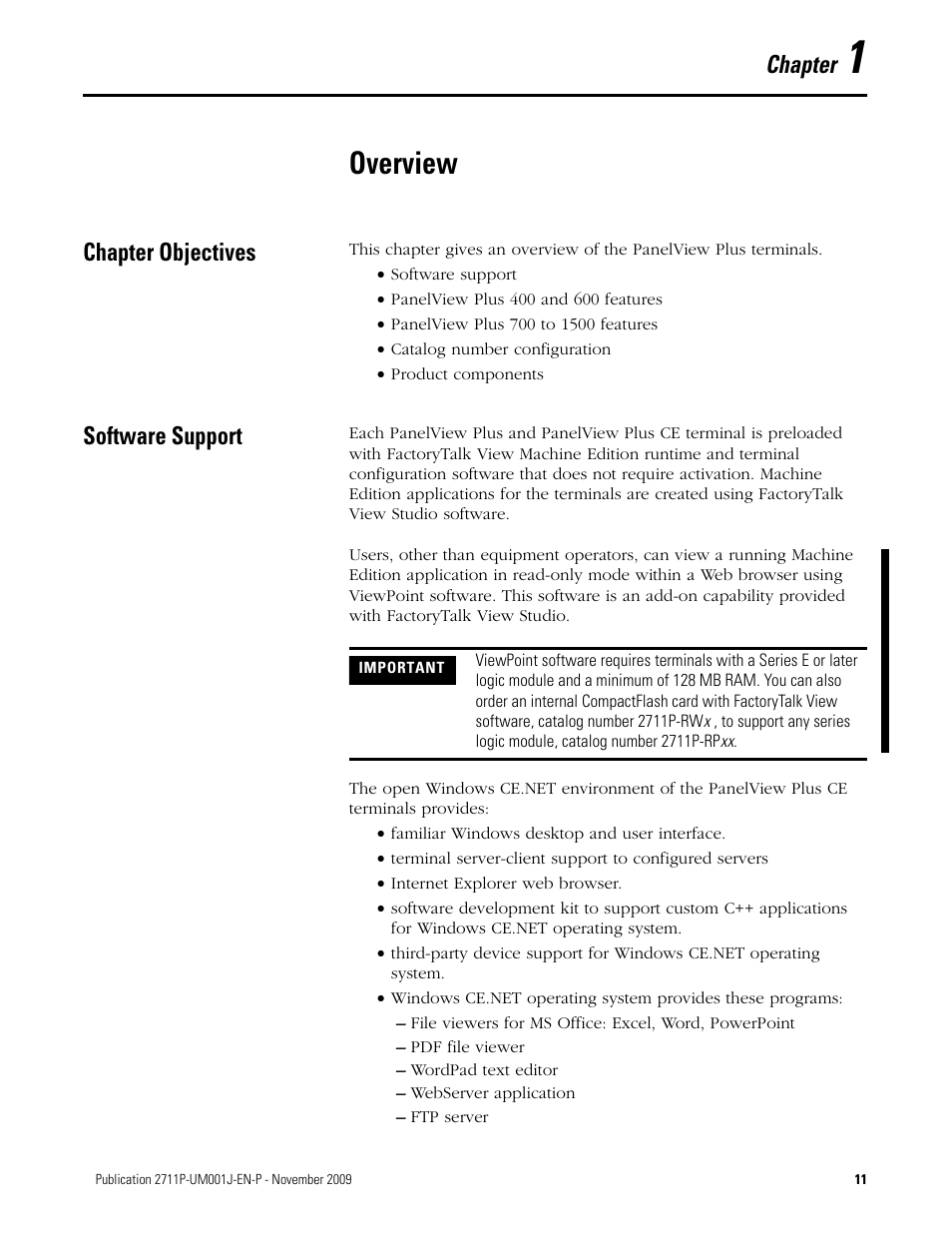 1 - overview, Overview, Chapter objectives | Software support, Chapter 1, Chapter objectives software support, Chapter | Rockwell Automation 2711P PanelView Plus Terminal User Manual User Manual | Page 11 / 246