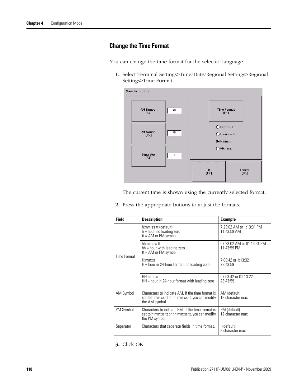 Change the time format, Click ok | Rockwell Automation 2711P PanelView Plus Terminal User Manual User Manual | Page 110 / 246