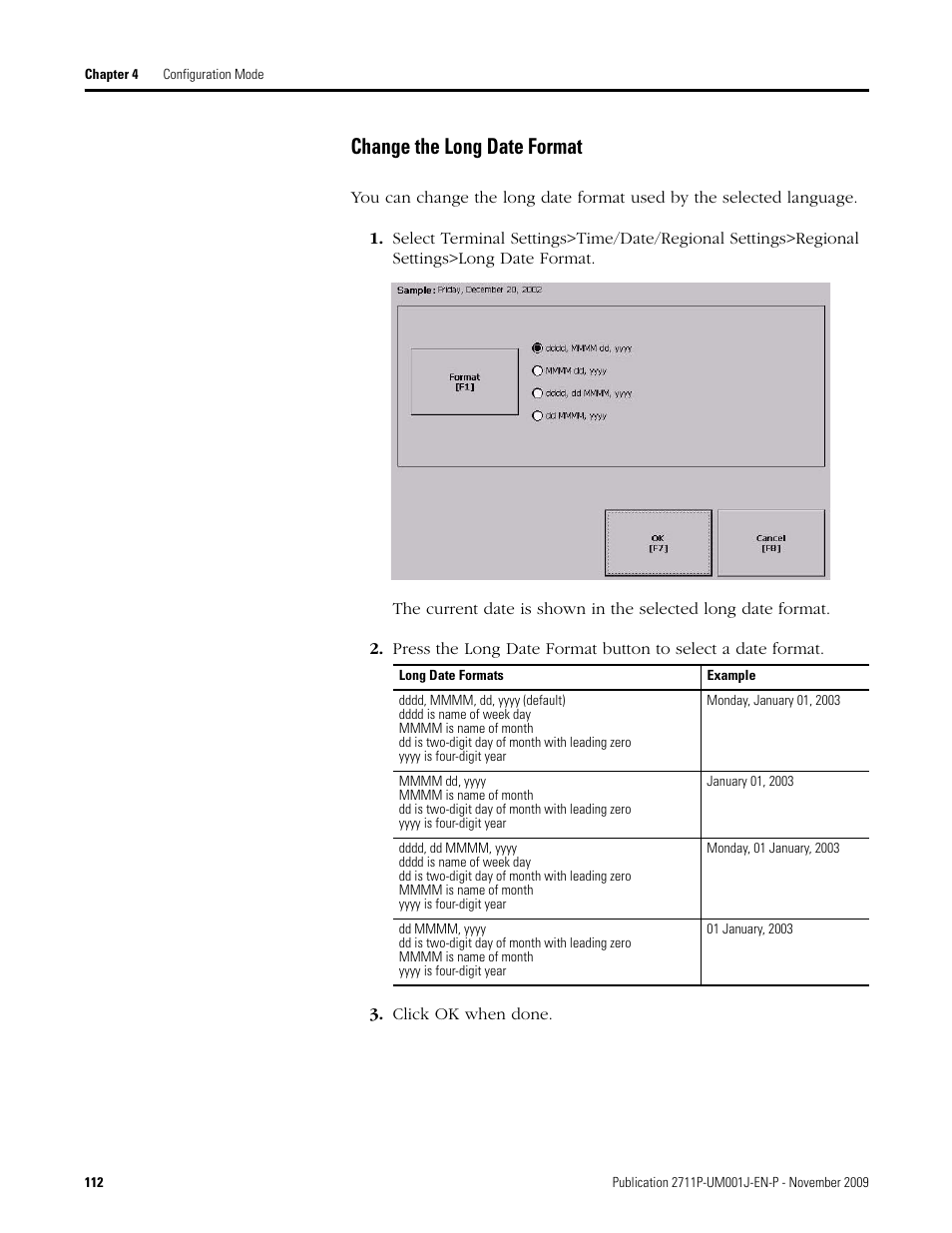 Change the long date format, Click ok when done | Rockwell Automation 2711P PanelView Plus Terminal User Manual User Manual | Page 112 / 246