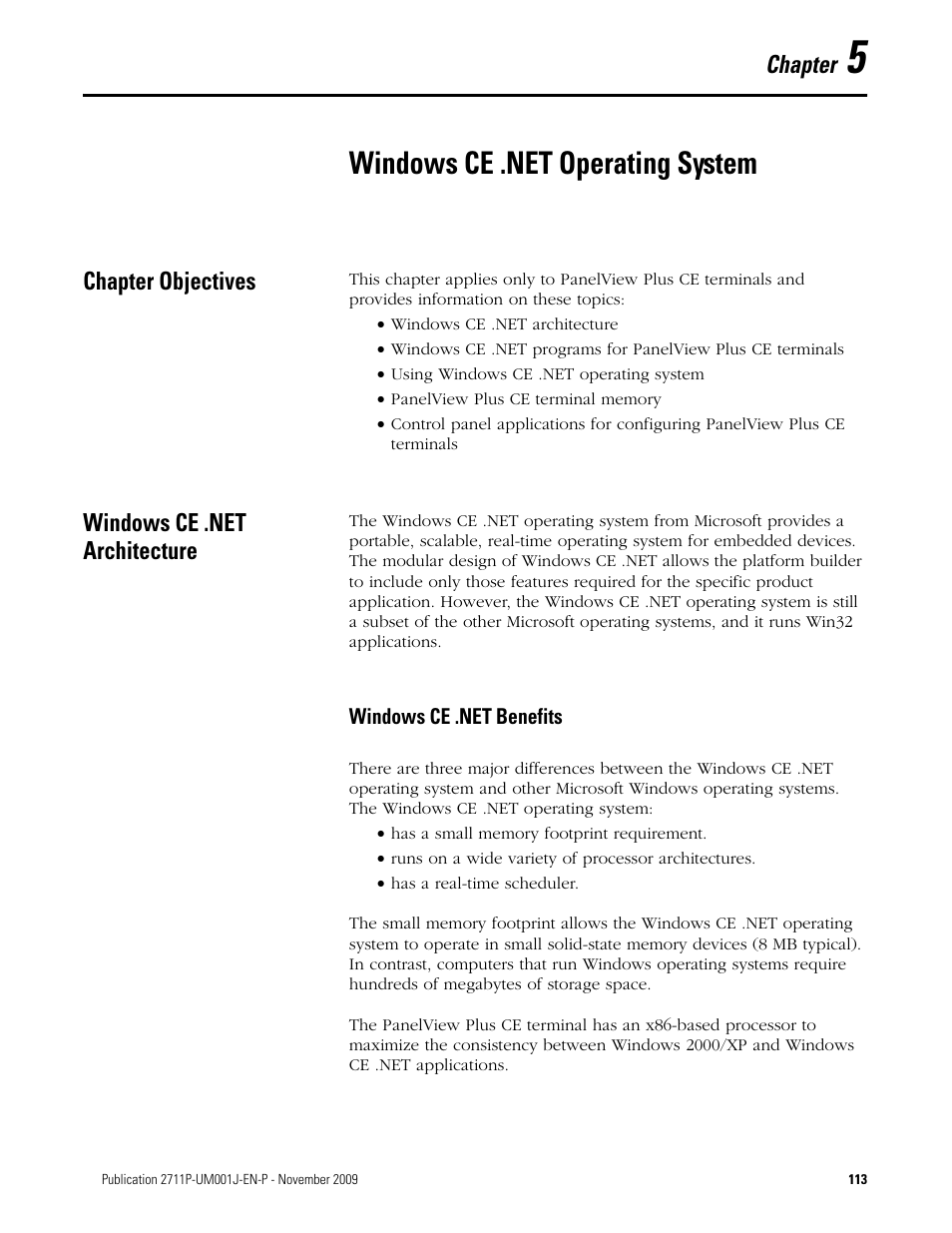 5 - windows ce .net operating system, Windows ce .net operating system, Chapter objectives | Windows ce .net architecture, Windows ce .net benefits, Chapter 5, Chapter objectives windows ce .net architecture, Chapter | Rockwell Automation 2711P PanelView Plus Terminal User Manual User Manual | Page 113 / 246