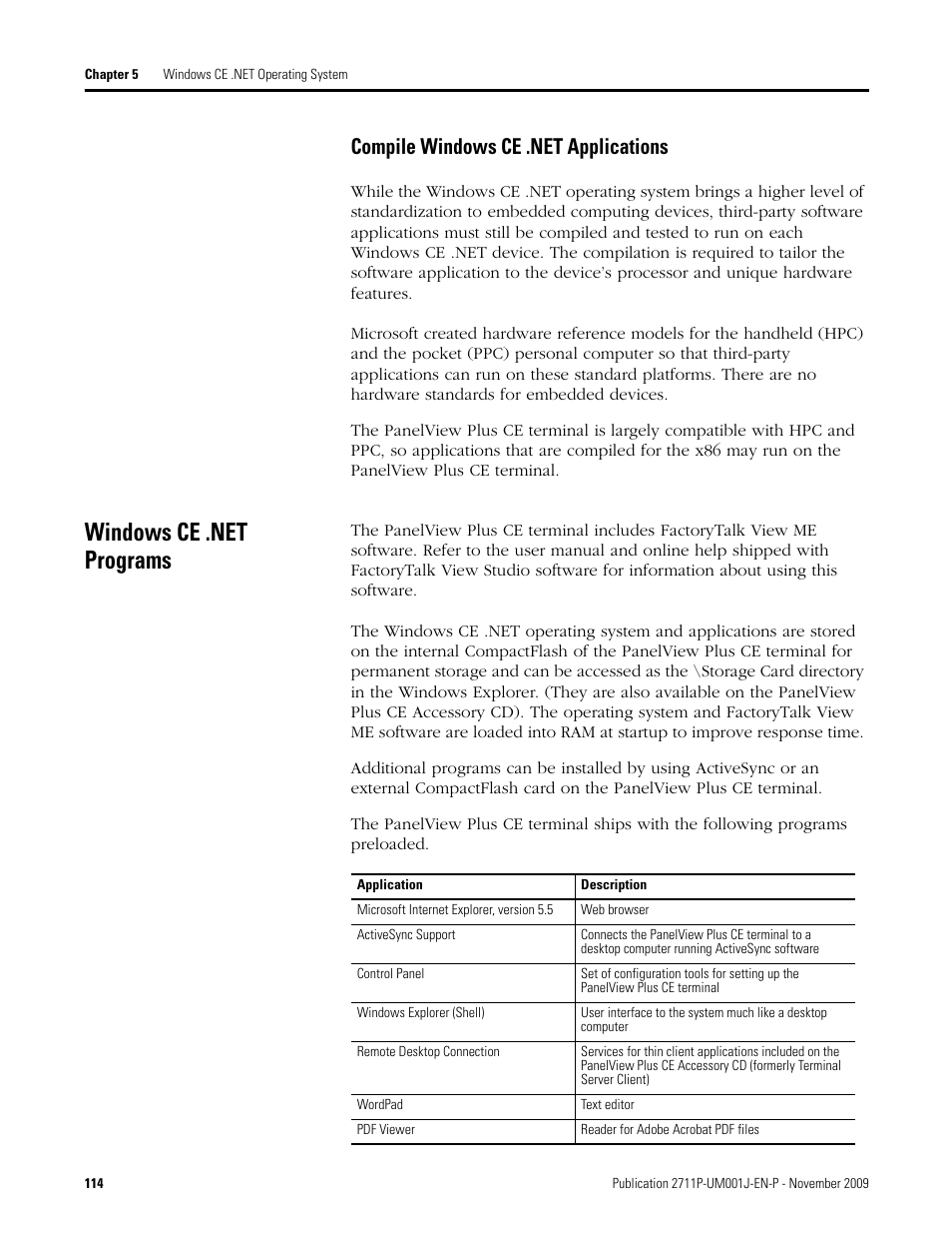 Compile windows ce .net applications, Windows ce .net programs | Rockwell Automation 2711P PanelView Plus Terminal User Manual User Manual | Page 114 / 246