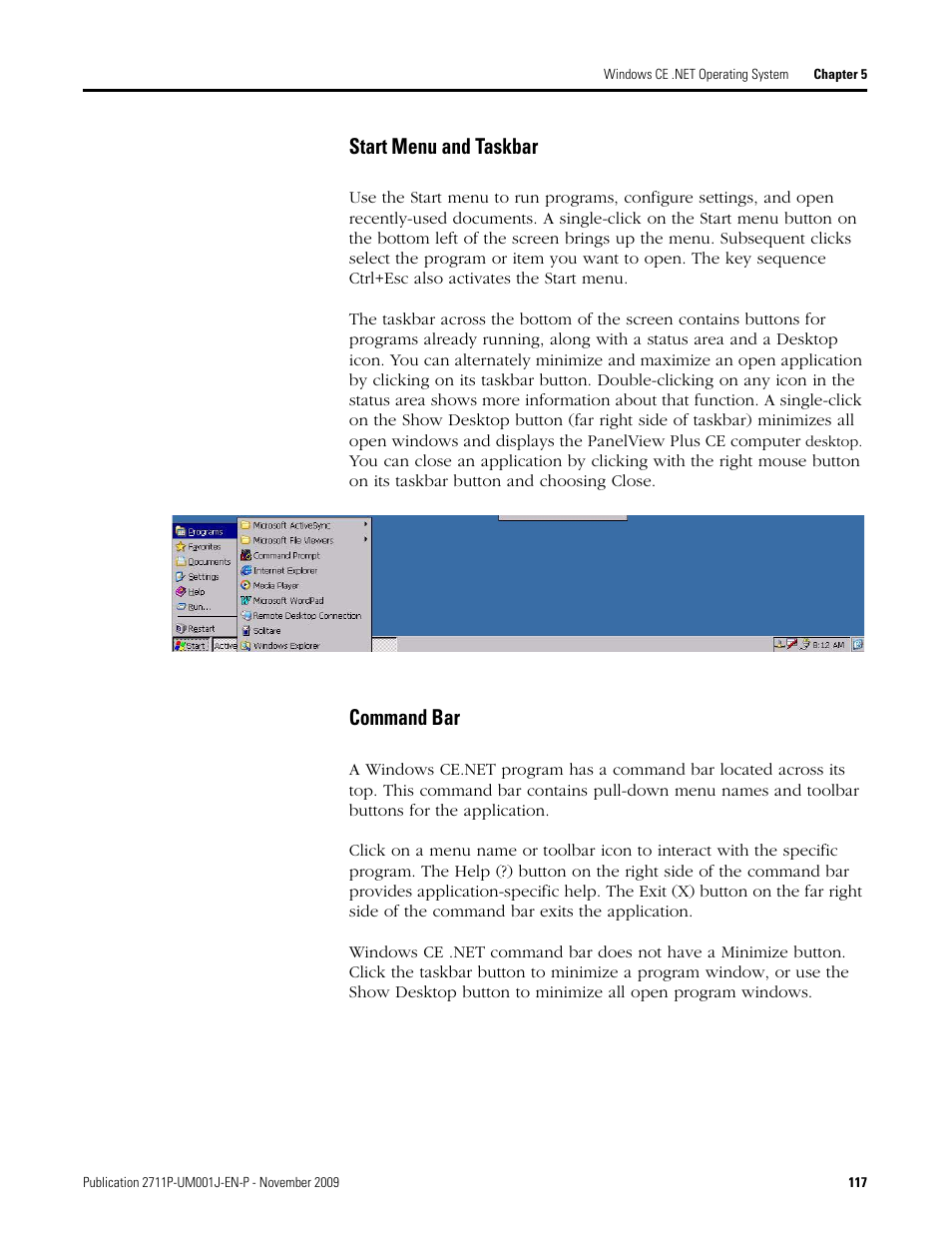 Start menu and taskbar, Command bar | Rockwell Automation 2711P PanelView Plus Terminal User Manual User Manual | Page 117 / 246