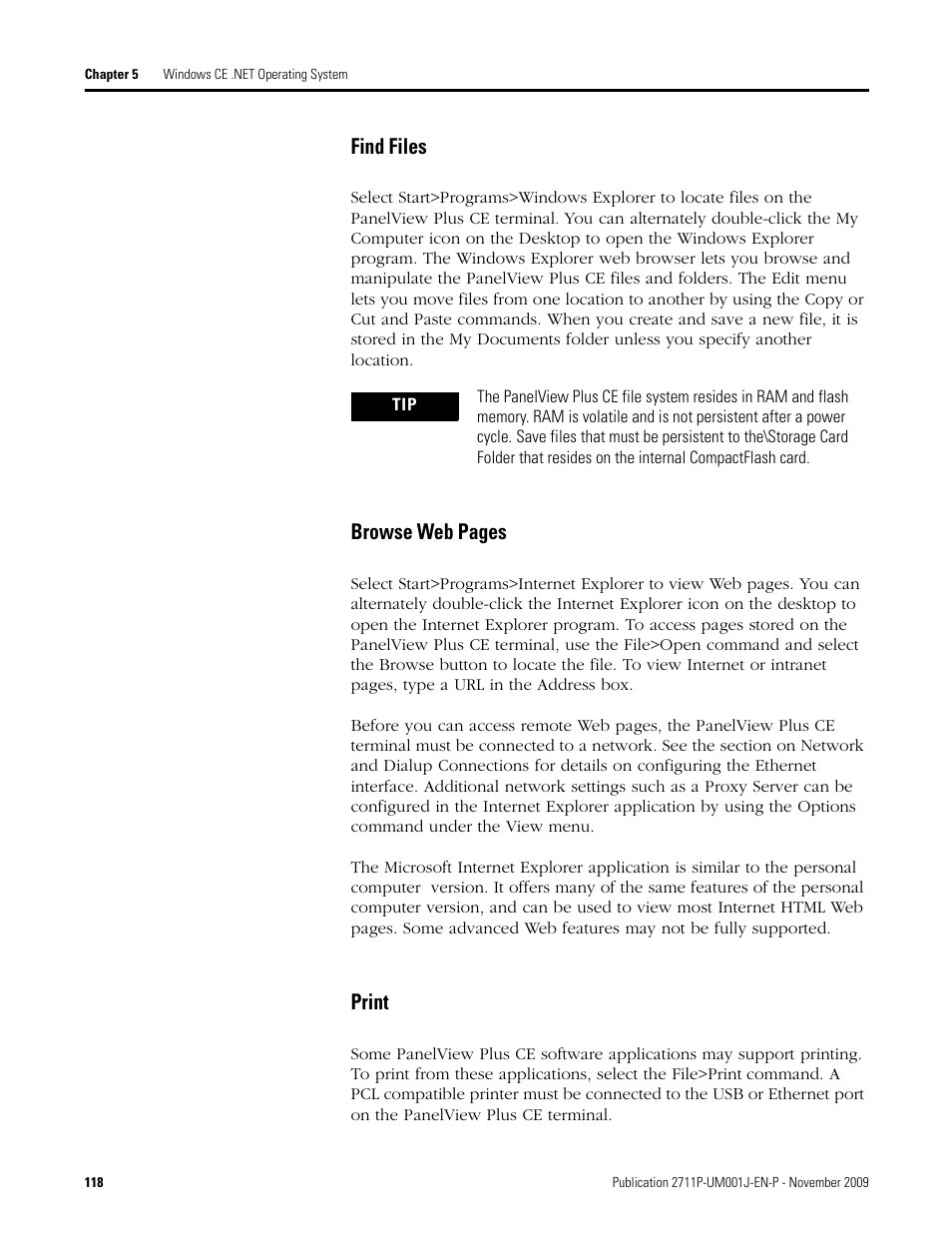 Find files, Print, Browse web pages | Rockwell Automation 2711P PanelView Plus Terminal User Manual User Manual | Page 118 / 246