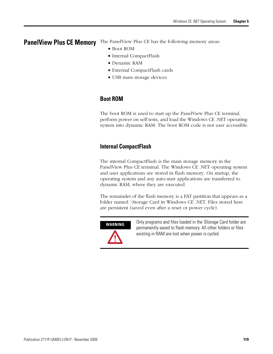 Panelview plus ce memory, Boot rom, Internal compactflash | Rockwell Automation 2711P PanelView Plus Terminal User Manual User Manual | Page 119 / 246