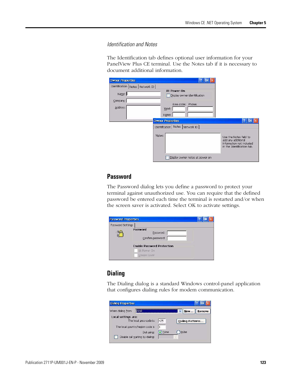 Identification and notes, Password, Dialing | Rockwell Automation 2711P PanelView Plus Terminal User Manual User Manual | Page 123 / 246