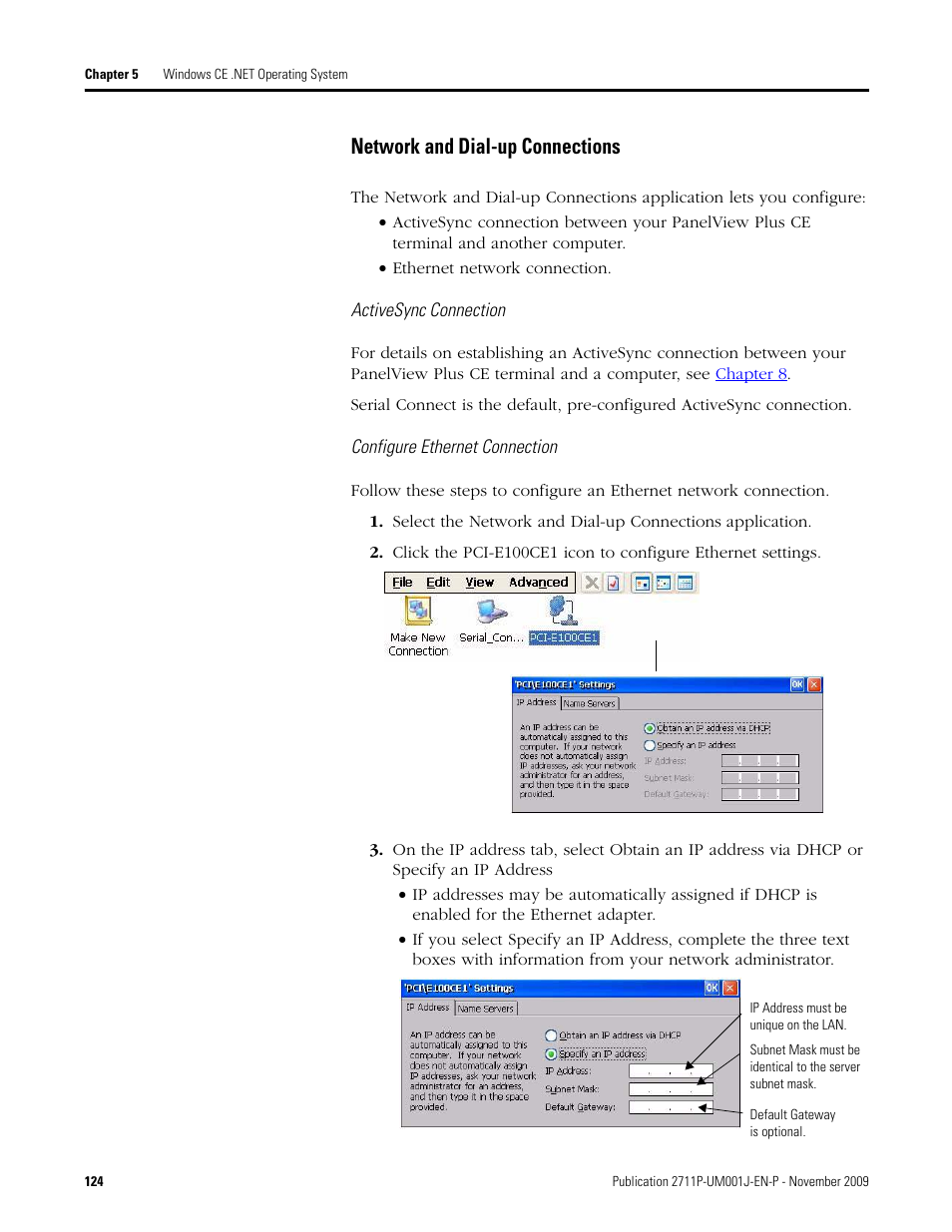 Network and dial-up connections, Activesync connection, Configure ethernet connection | Rockwell Automation 2711P PanelView Plus Terminal User Manual User Manual | Page 124 / 246