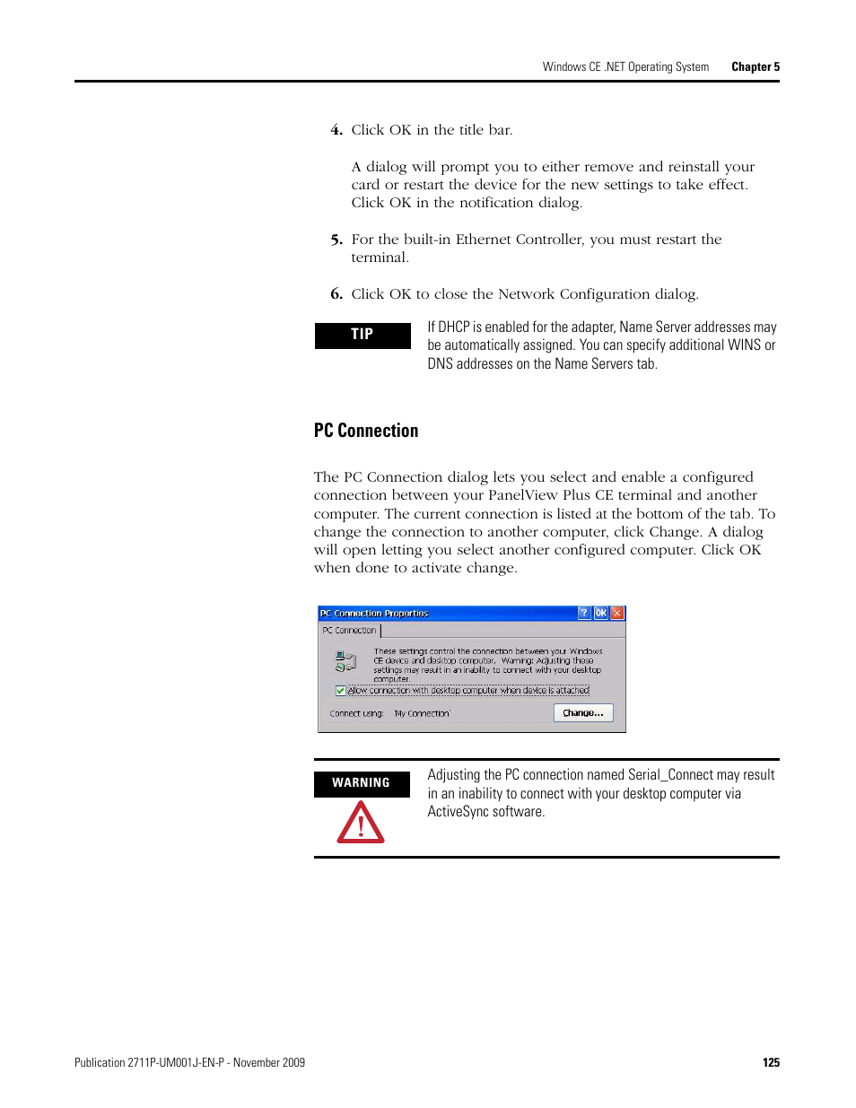 Click ok in the title bar, Click ok to close the network configuration dialog, Pc connection | Rockwell Automation 2711P PanelView Plus Terminal User Manual User Manual | Page 125 / 246