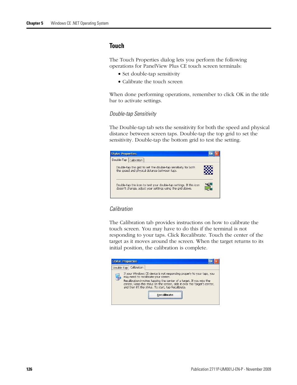 Touch, Double-tap sensitivity, Calibration | Rockwell Automation 2711P PanelView Plus Terminal User Manual User Manual | Page 126 / 246