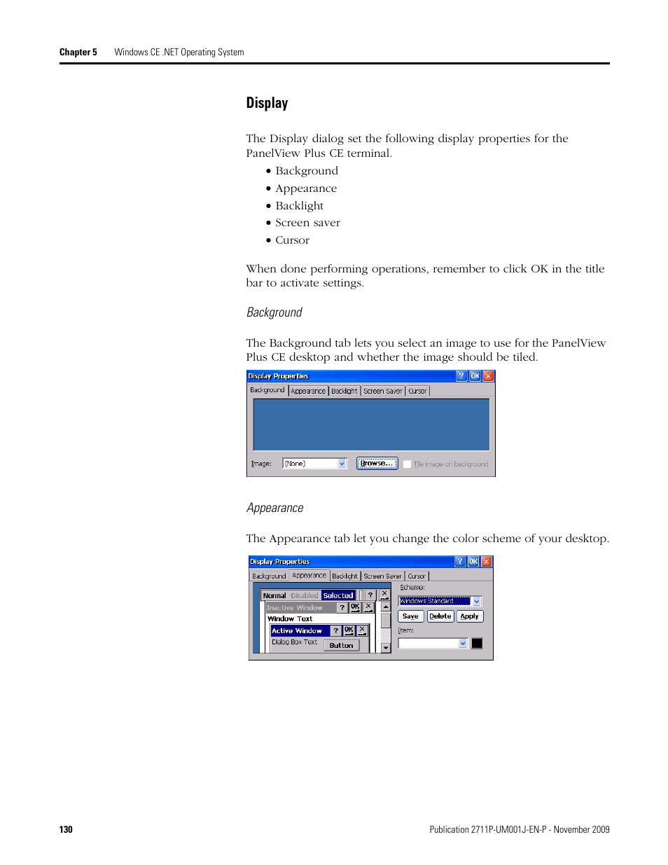 Display, Background, Appearance | Rockwell Automation 2711P PanelView Plus Terminal User Manual User Manual | Page 130 / 246