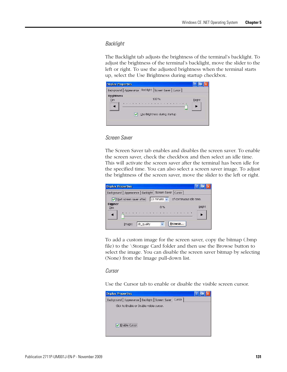 Backlight, Screen saver, Cursor | Rockwell Automation 2711P PanelView Plus Terminal User Manual User Manual | Page 131 / 246