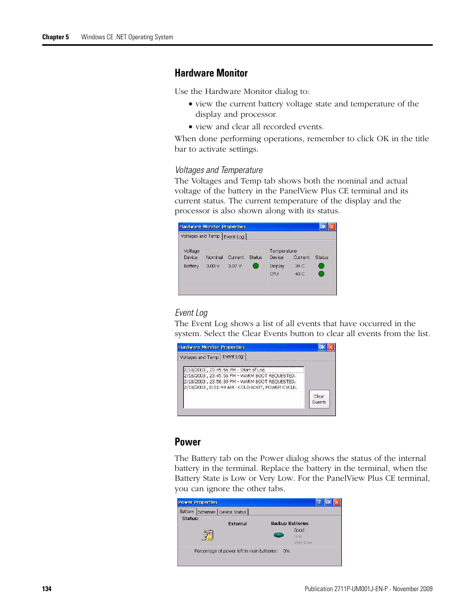 Hardware monitor, Voltages and temperature, Event log | Power | Rockwell Automation 2711P PanelView Plus Terminal User Manual User Manual | Page 134 / 246