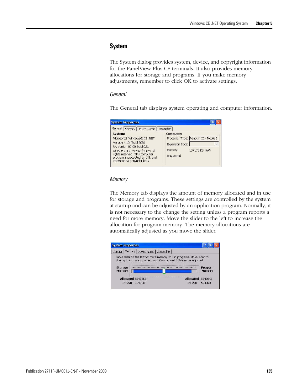 System, General, Memory | Rockwell Automation 2711P PanelView Plus Terminal User Manual User Manual | Page 135 / 246