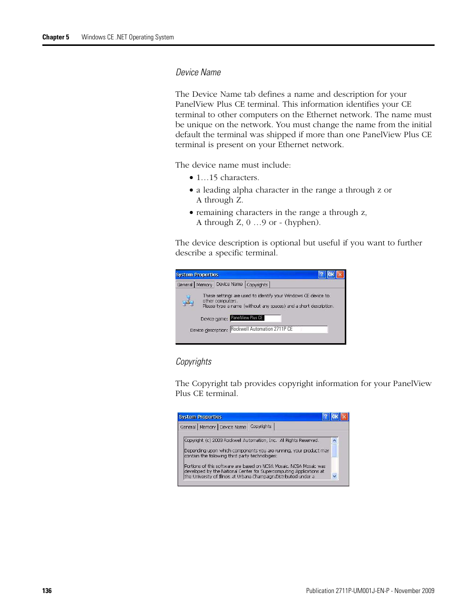 Device name, Copyrights | Rockwell Automation 2711P PanelView Plus Terminal User Manual User Manual | Page 136 / 246