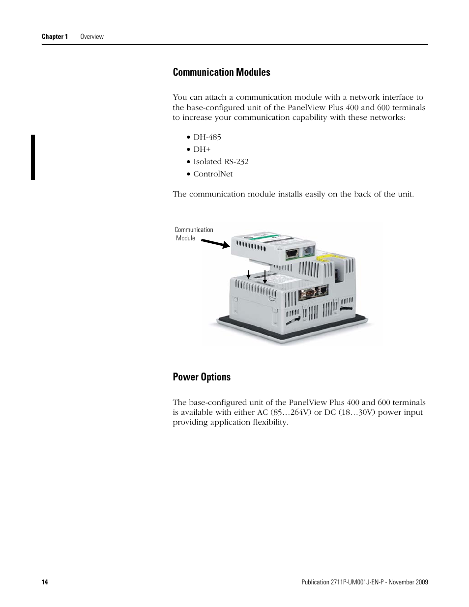 Communication modules, Power options | Rockwell Automation 2711P PanelView Plus Terminal User Manual User Manual | Page 14 / 246