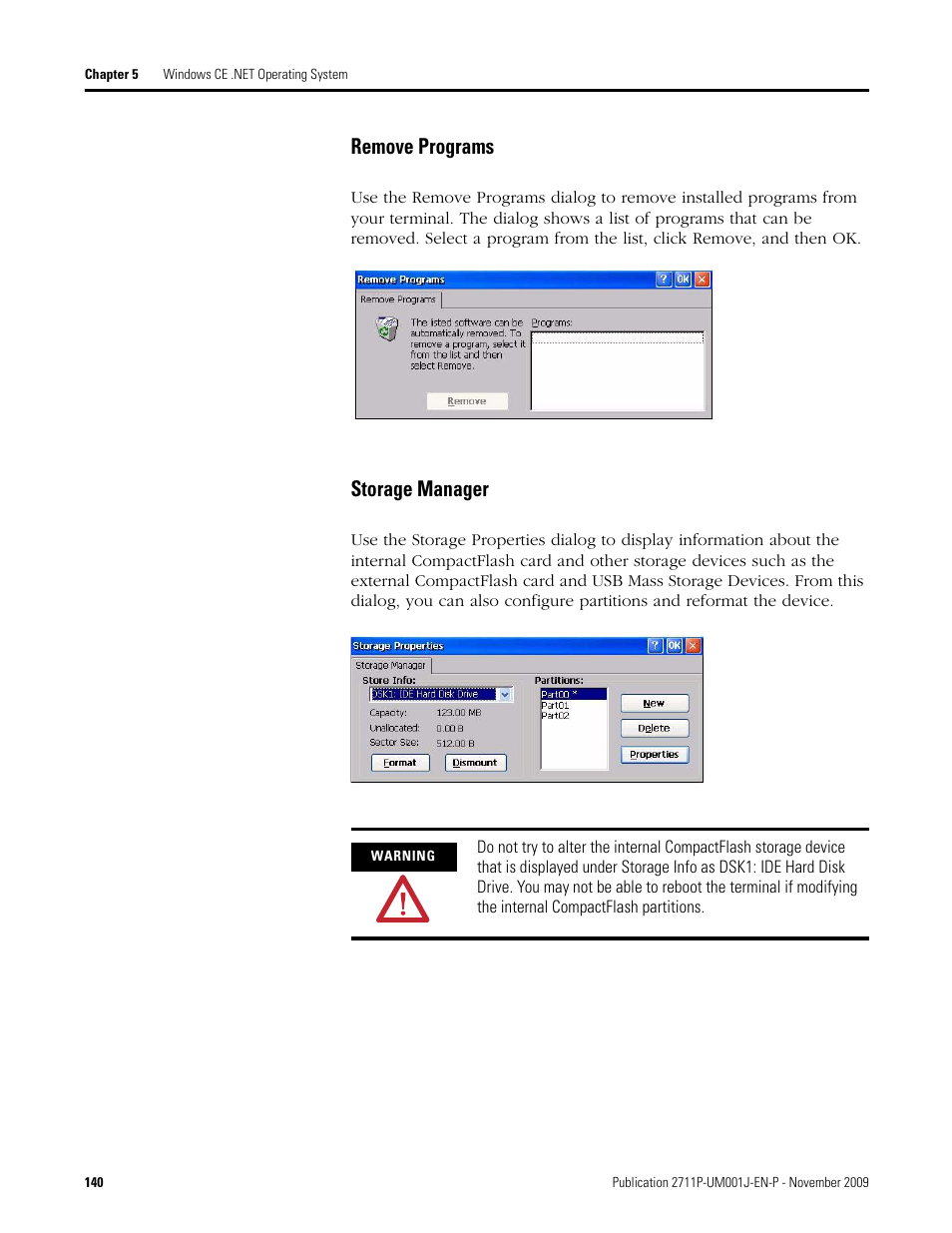 Remove programs, Storage manager | Rockwell Automation 2711P PanelView Plus Terminal User Manual User Manual | Page 140 / 246