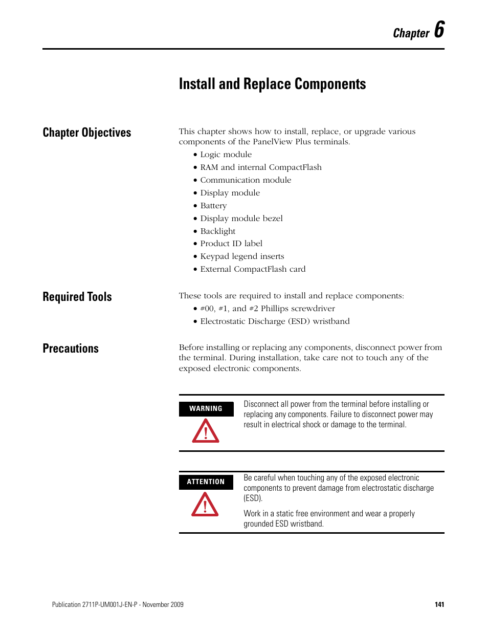 6 - install and replace components, Install and replace components, Chapter objectives | Required tools, Precautions, Chapter 6, Chapter objectives required tools precautions, Chapter | Rockwell Automation 2711P PanelView Plus Terminal User Manual User Manual | Page 141 / 246