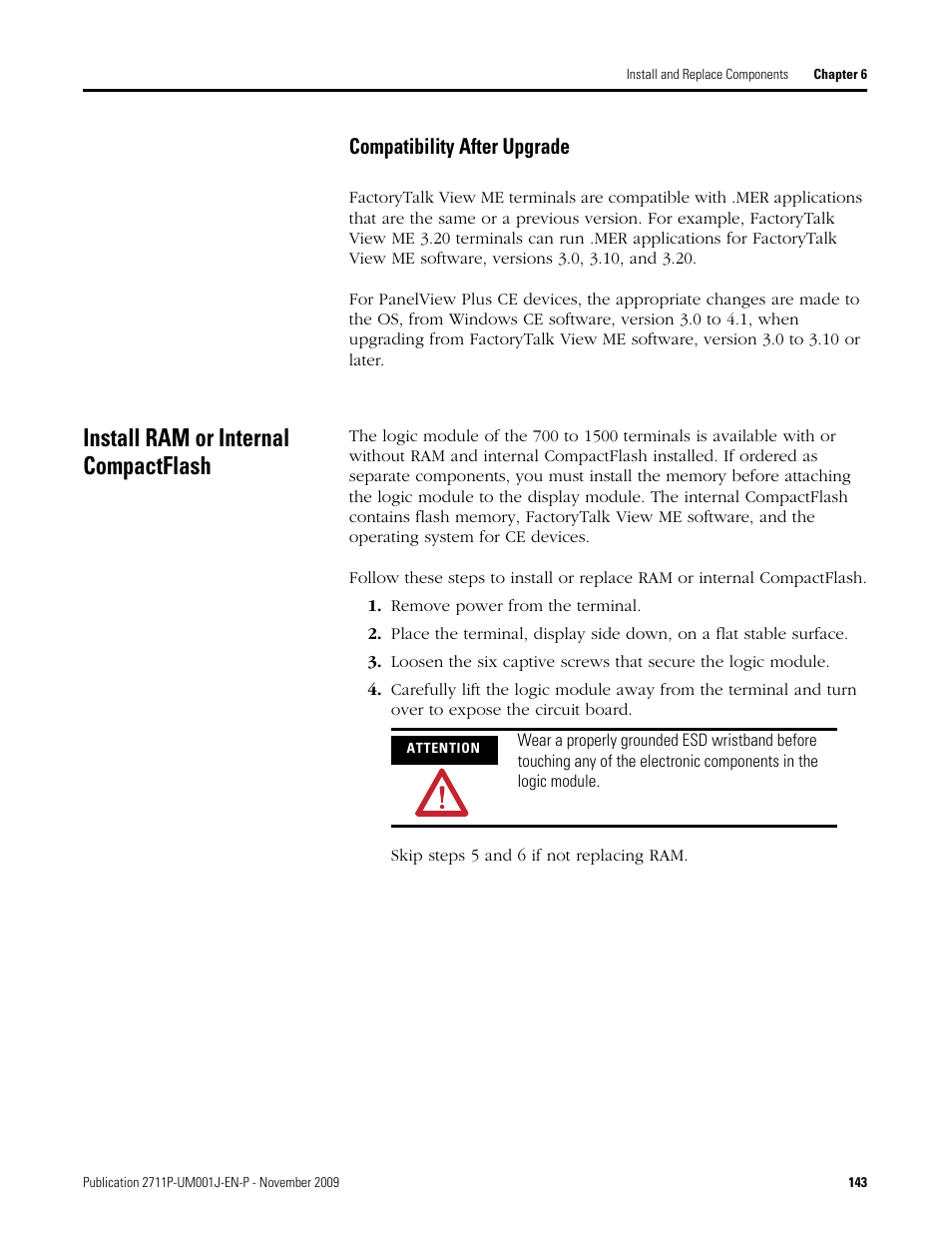 Compatibility after upgrade, Install ram or internal compactflash, Remove power from the terminal | Rockwell Automation 2711P PanelView Plus Terminal User Manual User Manual | Page 143 / 246