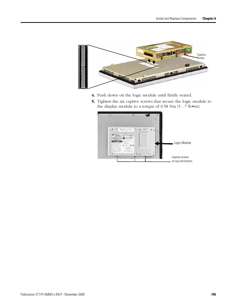 Push down on the logic module until firmly seated | Rockwell Automation 2711P PanelView Plus Terminal User Manual User Manual | Page 145 / 246