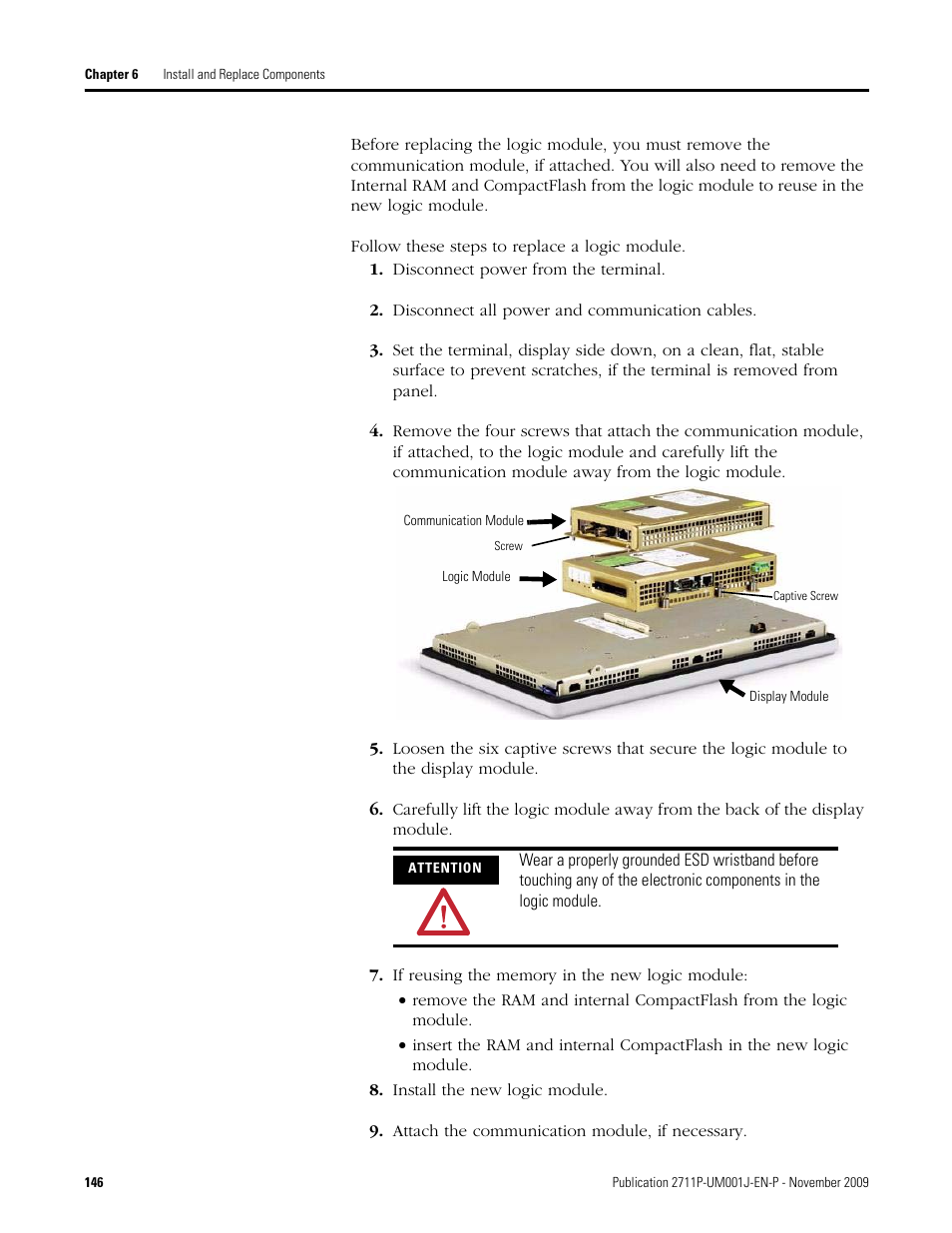 Disconnect power from the terminal, Disconnect all power and communication cables, If reusing the memory in the new logic module | Install the new logic module, Attach the communication module, if necessary | Rockwell Automation 2711P PanelView Plus Terminal User Manual User Manual | Page 146 / 246