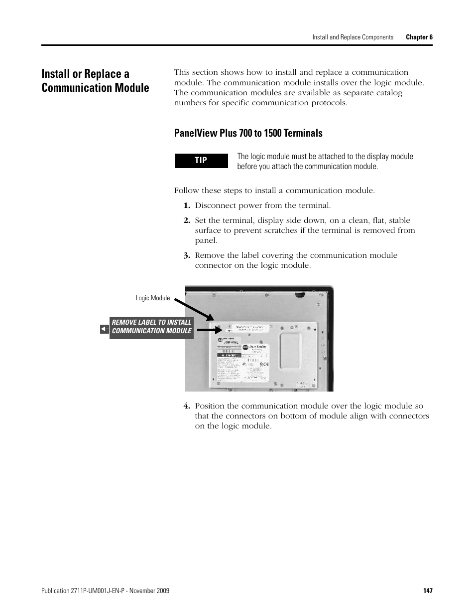 Install or replace a communication module, Panelview plus 700 to 1500 terminals, Disconnect power from the terminal | Rockwell Automation 2711P PanelView Plus Terminal User Manual User Manual | Page 147 / 246