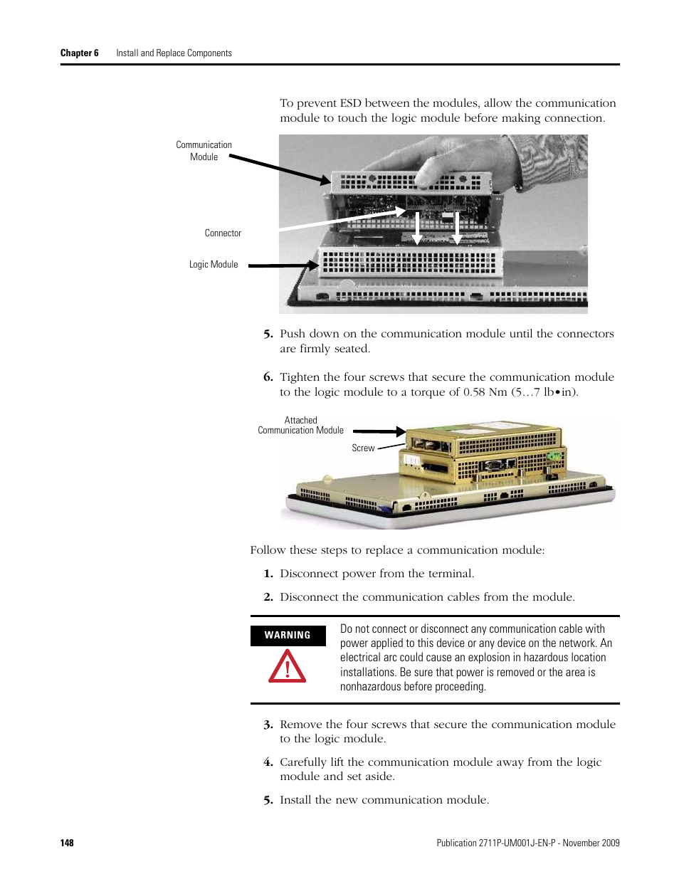 Disconnect power from the terminal, Install the new communication module | Rockwell Automation 2711P PanelView Plus Terminal User Manual User Manual | Page 148 / 246