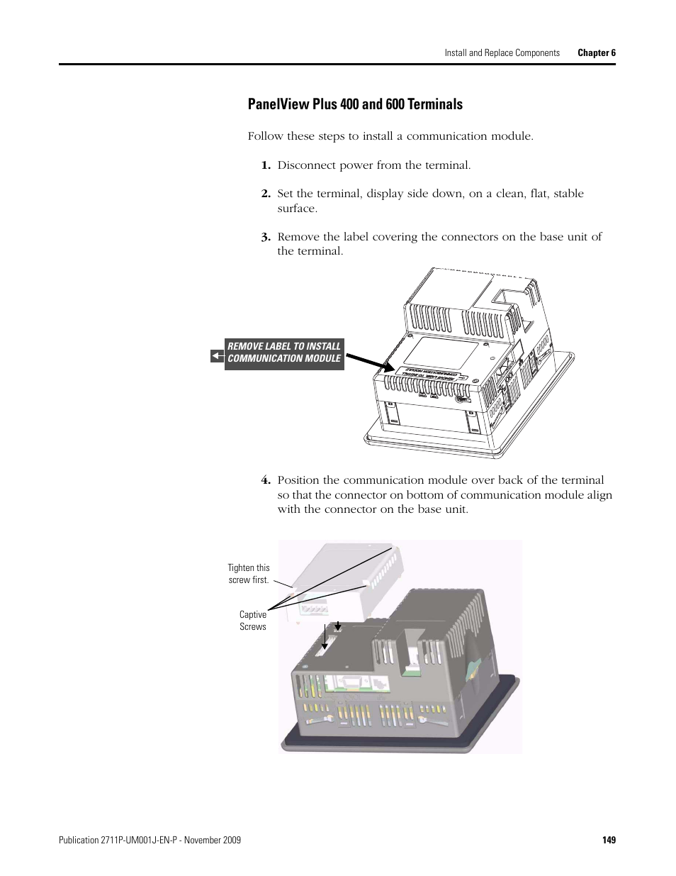 Panelview plus 400 and 600 terminals, Disconnect power from the terminal | Rockwell Automation 2711P PanelView Plus Terminal User Manual User Manual | Page 149 / 246