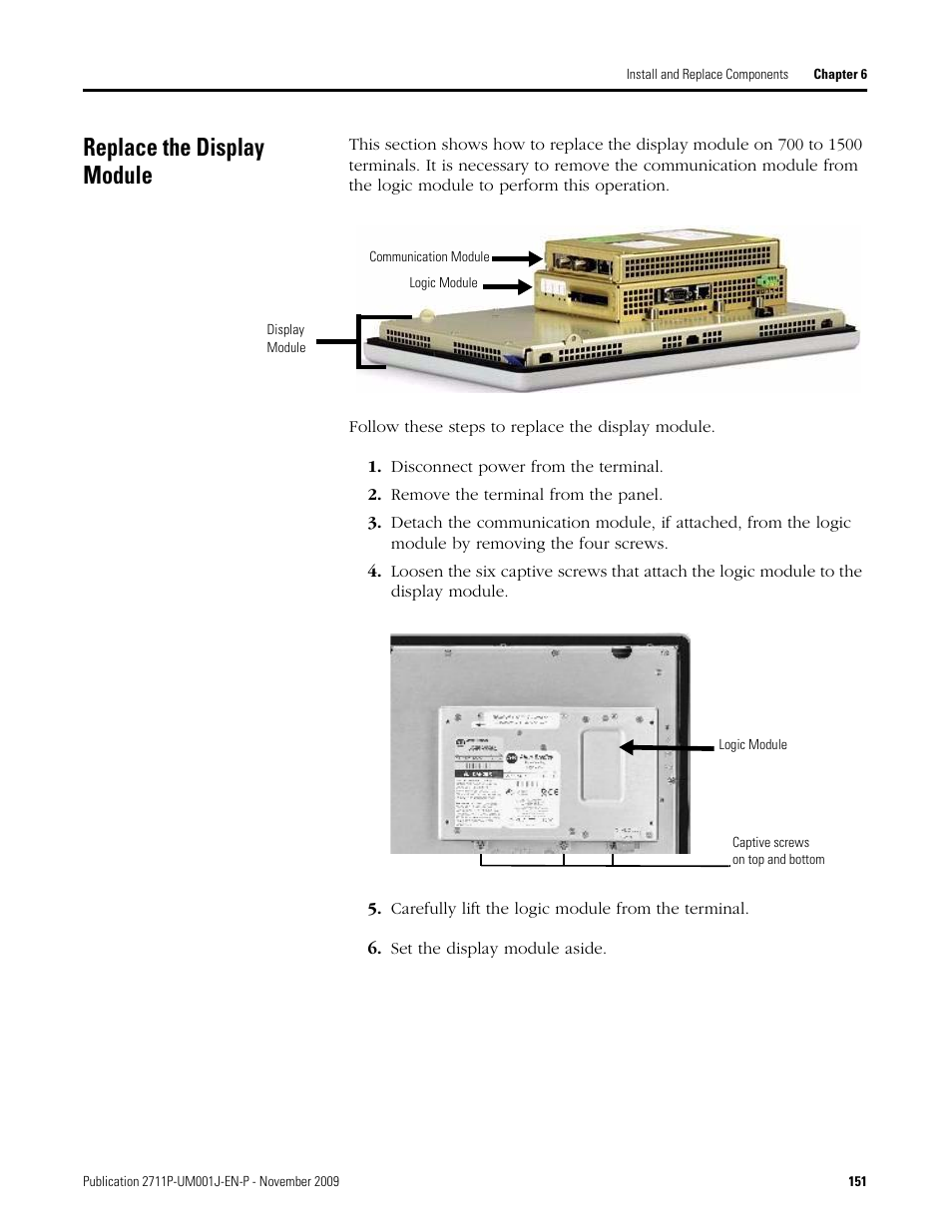 Replace the display module, Disconnect power from the terminal, Remove the terminal from the panel | Carefully lift the logic module from the terminal, Set the display module aside | Rockwell Automation 2711P PanelView Plus Terminal User Manual User Manual | Page 151 / 246