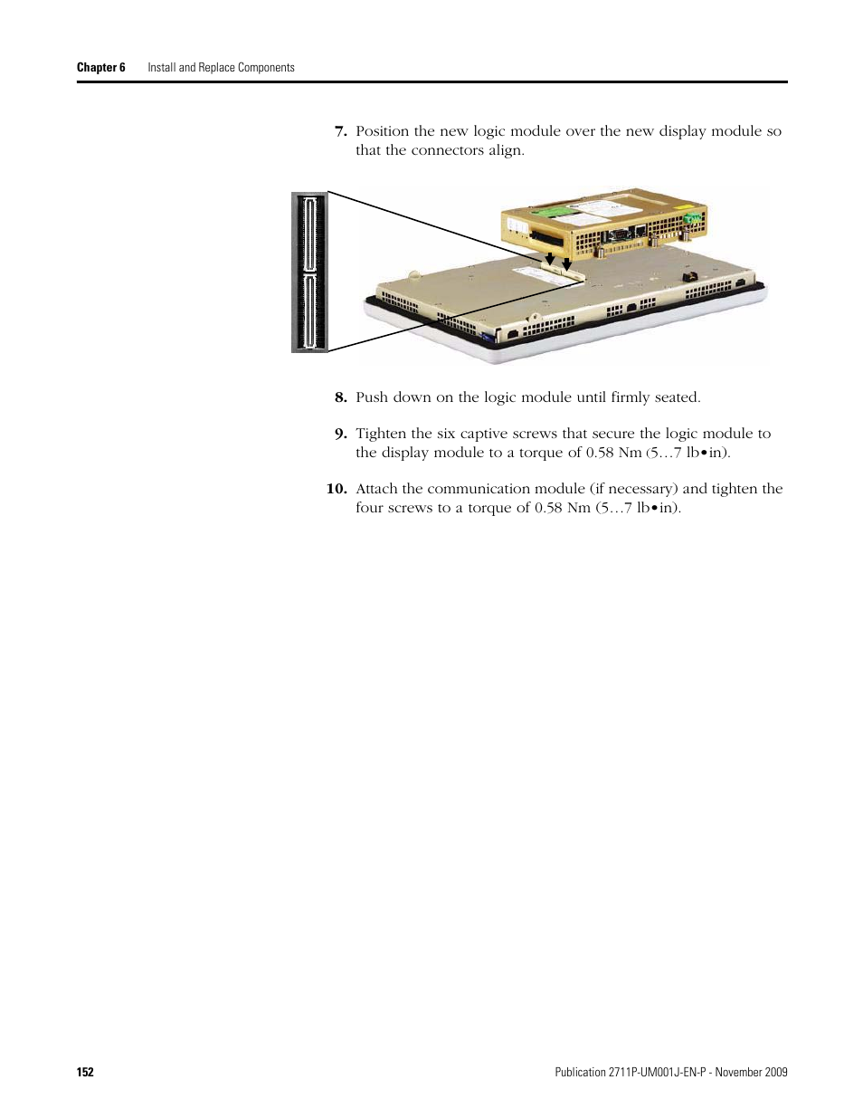 Push down on the logic module until firmly seated | Rockwell Automation 2711P PanelView Plus Terminal User Manual User Manual | Page 152 / 246