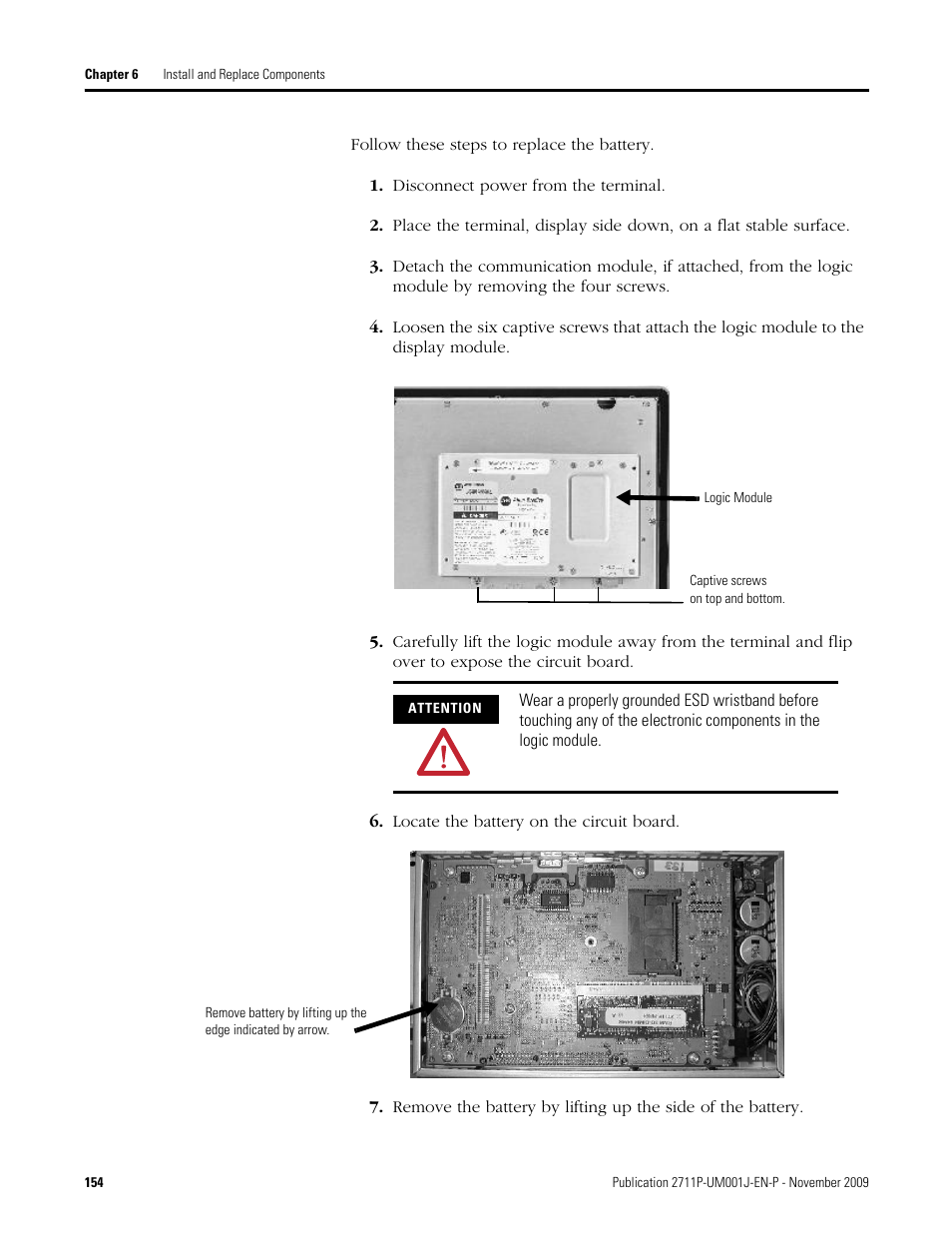 Disconnect power from the terminal, Locate the battery on the circuit board | Rockwell Automation 2711P PanelView Plus Terminal User Manual User Manual | Page 154 / 246