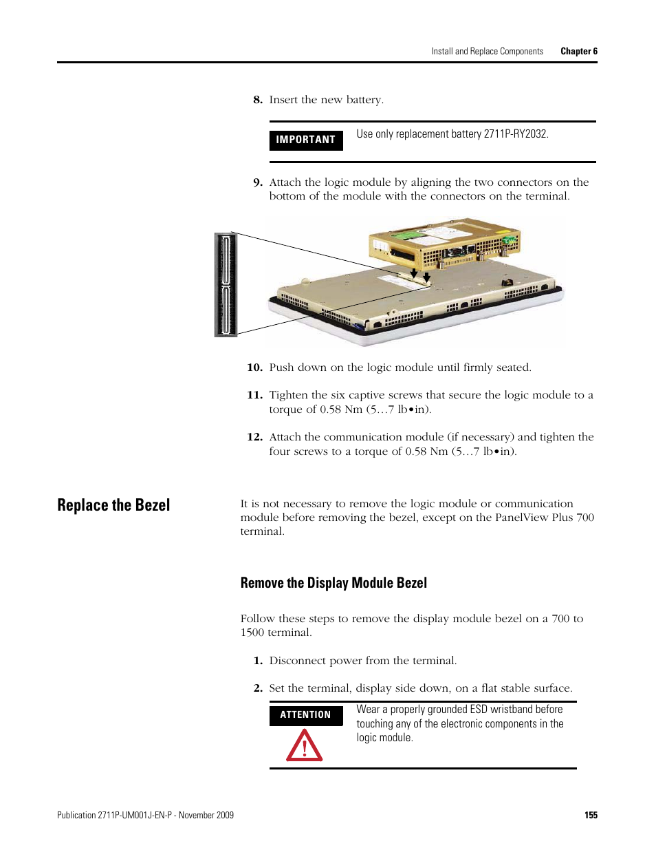 Insert the new battery, Push down on the logic module until firmly seated, Replace the bezel | Remove the display module bezel, Disconnect power from the terminal | Rockwell Automation 2711P PanelView Plus Terminal User Manual User Manual | Page 155 / 246