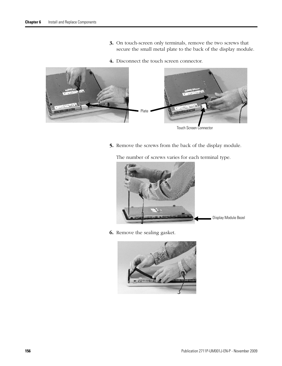 Disconnect the touch screen connector, Remove the sealing gasket | Rockwell Automation 2711P PanelView Plus Terminal User Manual User Manual | Page 156 / 246