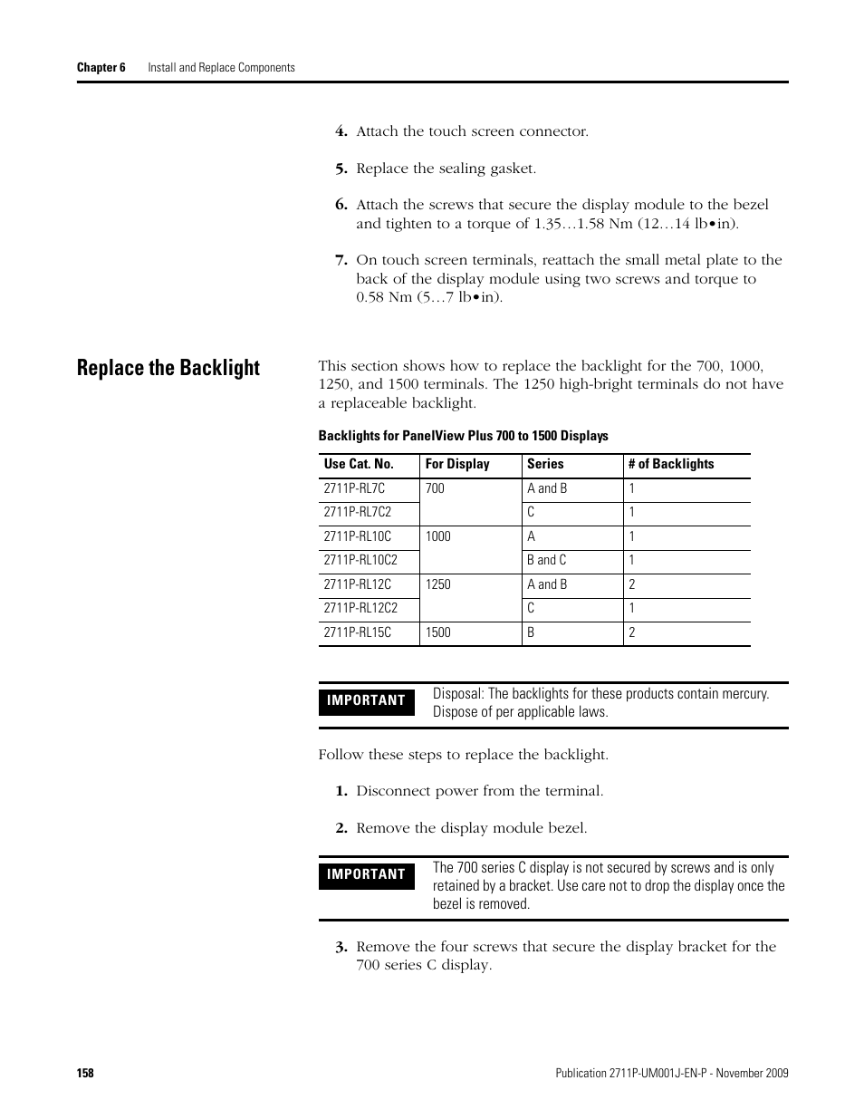 Attach the touch screen connector, Replace the sealing gasket, Replace the backlight | Disconnect power from the terminal, Remove the display module bezel | Rockwell Automation 2711P PanelView Plus Terminal User Manual User Manual | Page 158 / 246